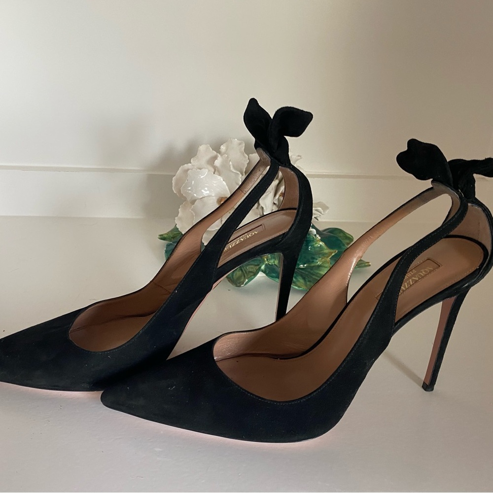 Black suede Aquazurra Deneuve stiletto shoes